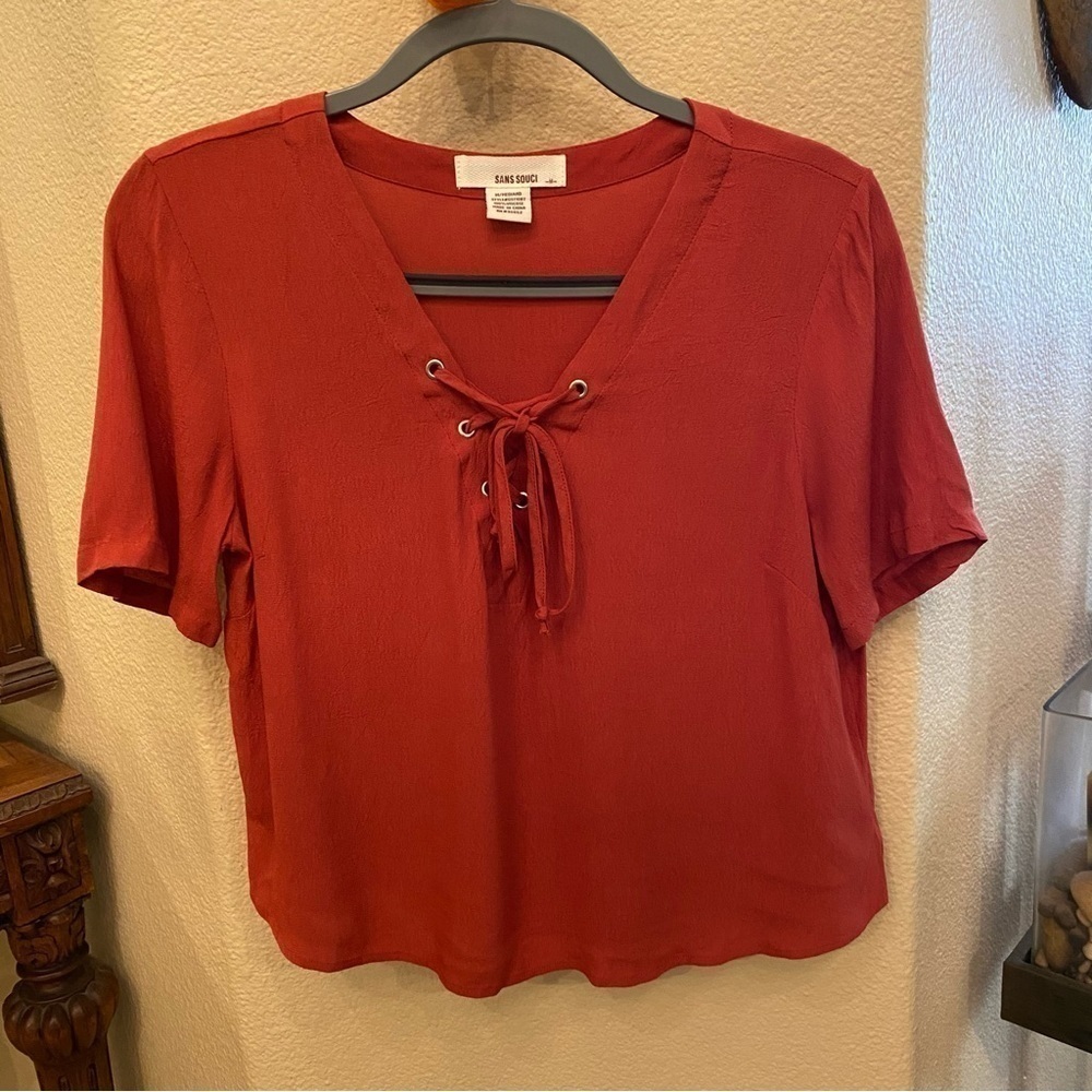 SANS SOUCI Women Rust Orange Lace Up Short Sleeve Top Size Medium